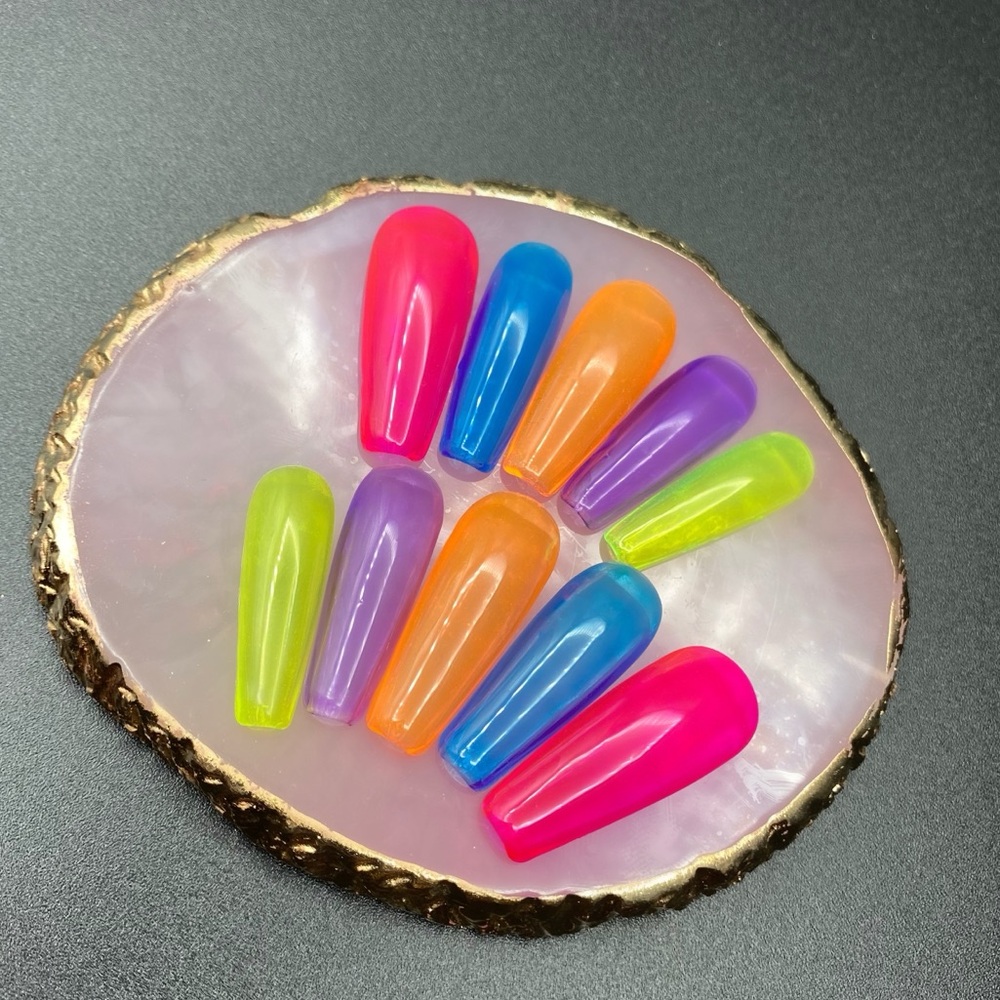 Handmade Long Coffin Rainbow Jelly LUXURY PRESS ON NAILS